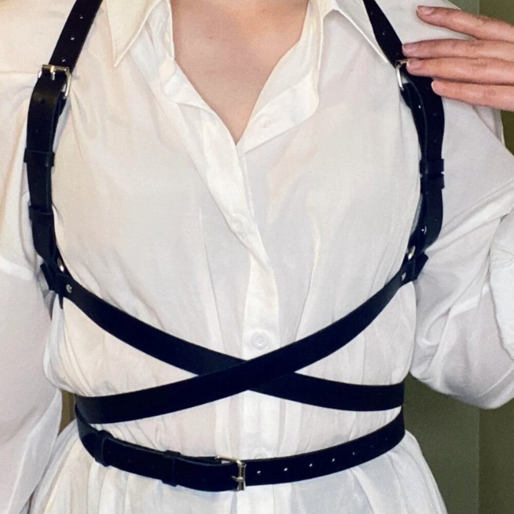 NEW Handmade Leather Adjustable Waist Belt Shoulder Harness Black Leather Sz. M